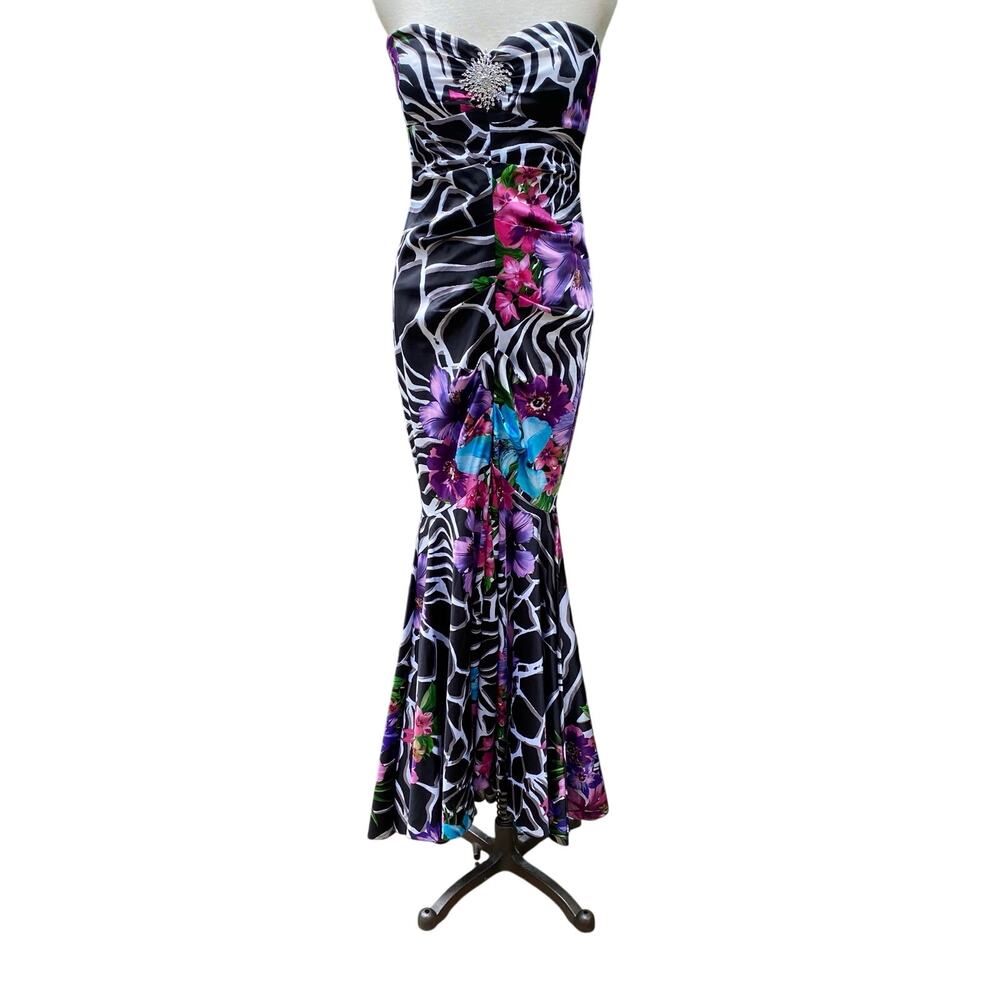 Vintage Cache Strapless Maxi Dress: Zebra Floral Shiny Brooch Mermaid Hem Size 4